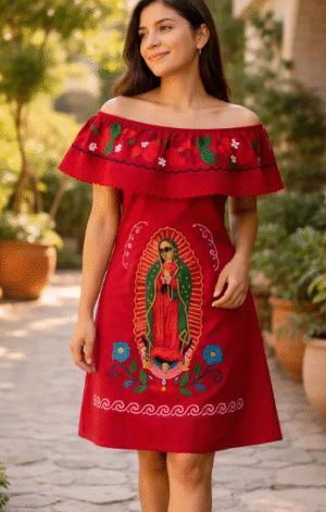 Vestido campesino de manta con bordado de la Virgen