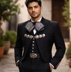 Traje De Charro Negro De Gala Con Botonadura Plateada