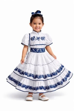 Escaramuza Gala Bordado Para Niña Blanco con Azul